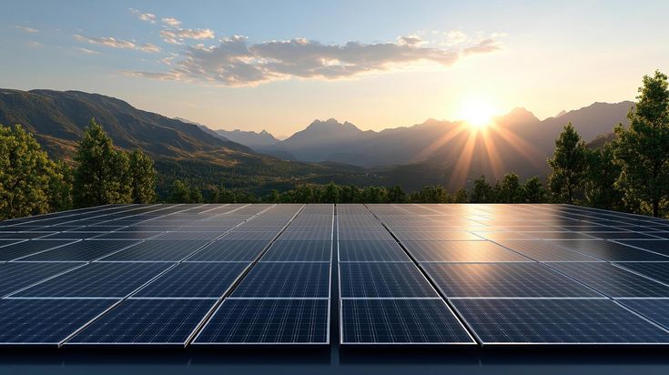 download high resolution image of solar farm with mountains and sunset view for free